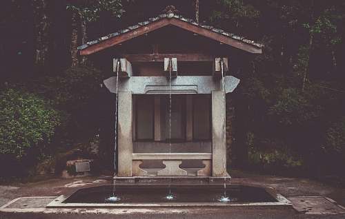 bell tower gray concrete fountain near tall trees at daytime building